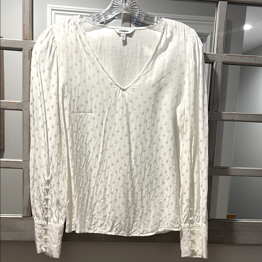 Express Women's White V-Neck Polka Dot Top